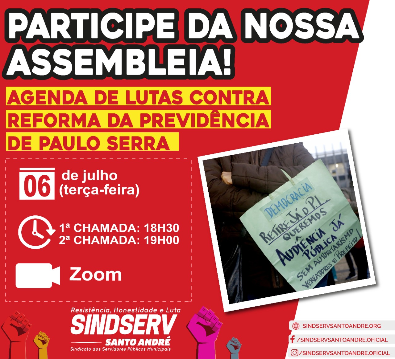 Imagem de Sindserv debaterá  agenda de Lutas contra Reforma da Previdência de Paulo Serra em Assembleia no dia (6)