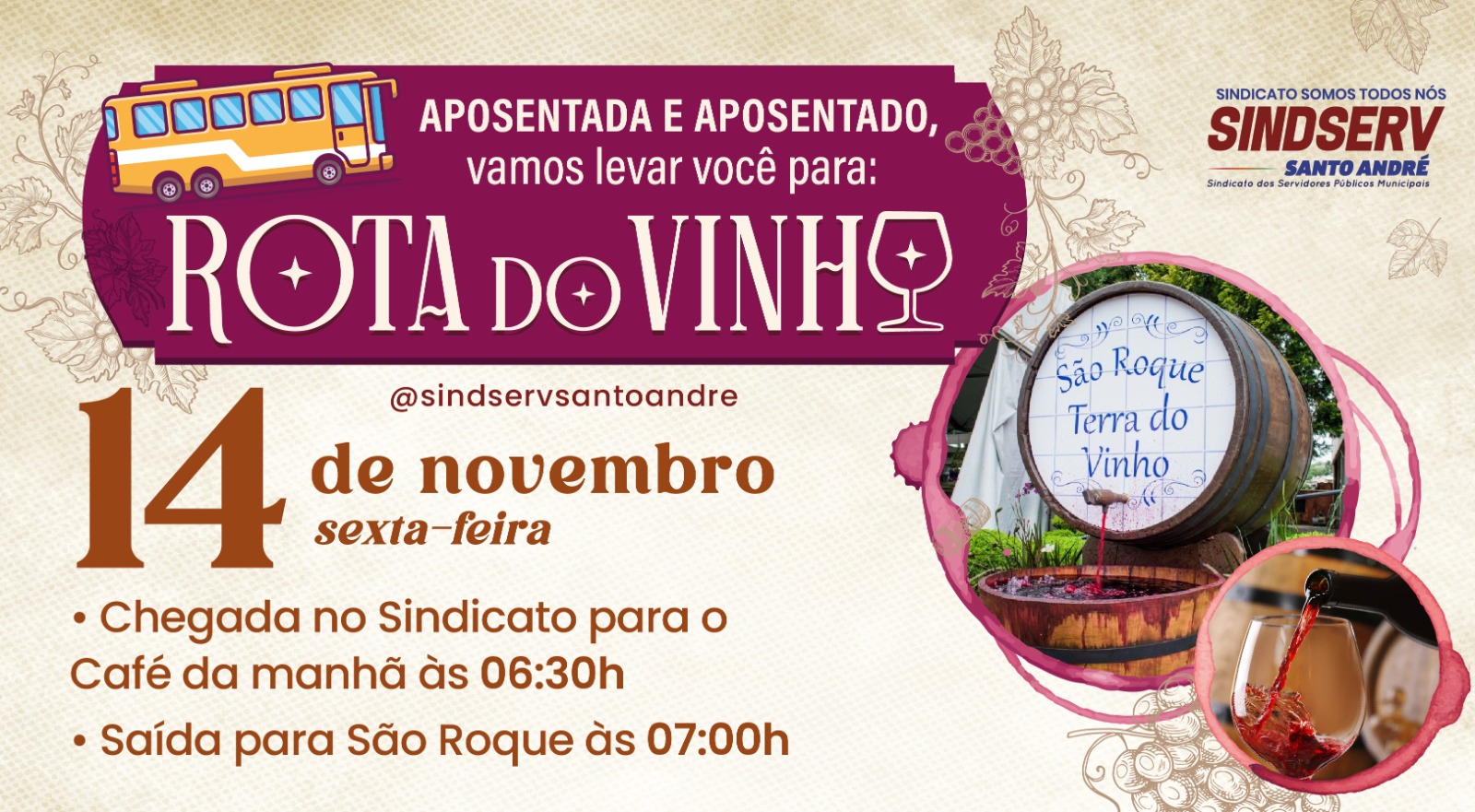 Imagem de Rota do Vinho: Sindserv e Comissão dos Aposentados farão excursão no dia 14 de novembro