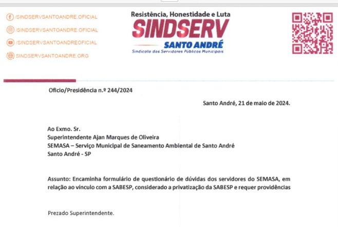 Imagem de Privatização da Sabesp: Sindserv envia ofício ao SEMASA com dúvidas dos trabalhadores

