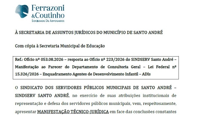 Imagem de Sindserv Santo André apresenta parecer jurídico em defesa do enquadramento das/os ADIs