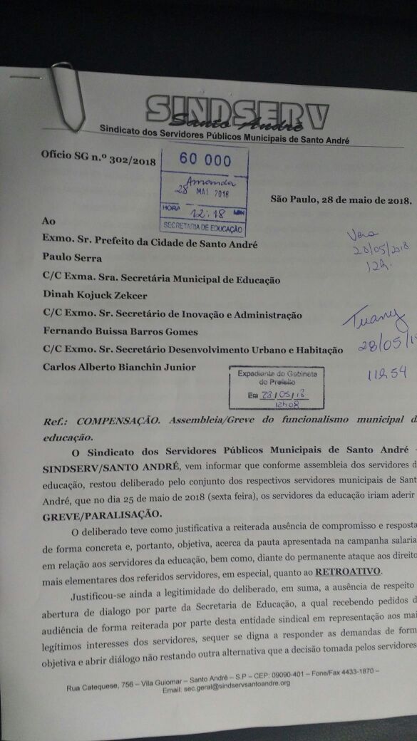 Imagem de Sindserv Santo André protocola pedido de compensação aos servidores na educação que aderiram à paralisação 