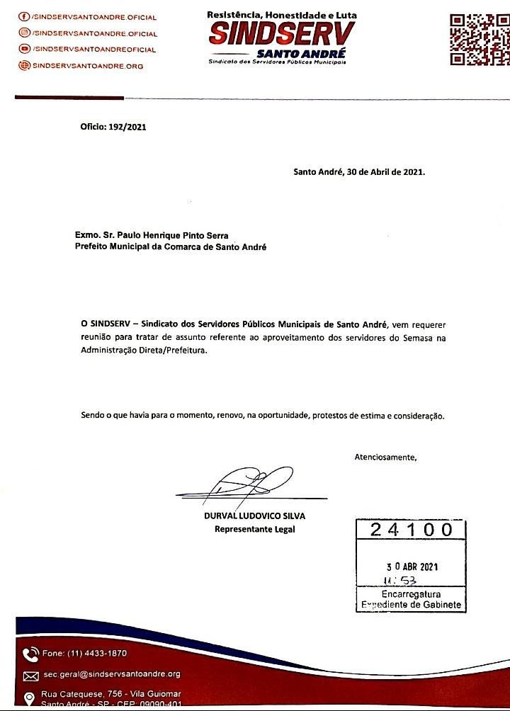 Imagem de Sindserv Santo André protocola pedido de reunião com Paulo Serra sobre SEMASA