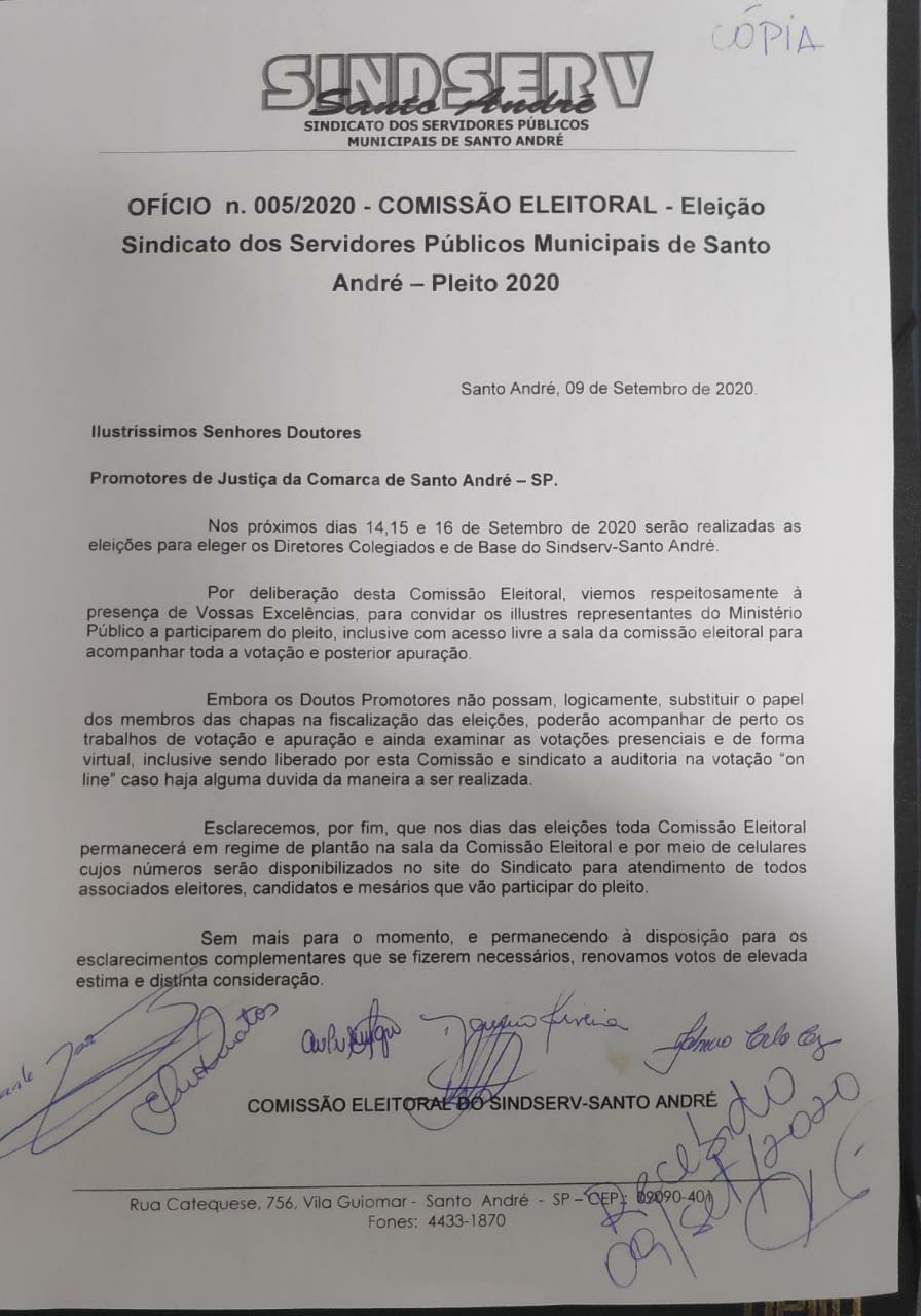 Imagem de Comissão Eleitoral  convida Ministério Público para acompanhar Eleição do Sindserv Santo André