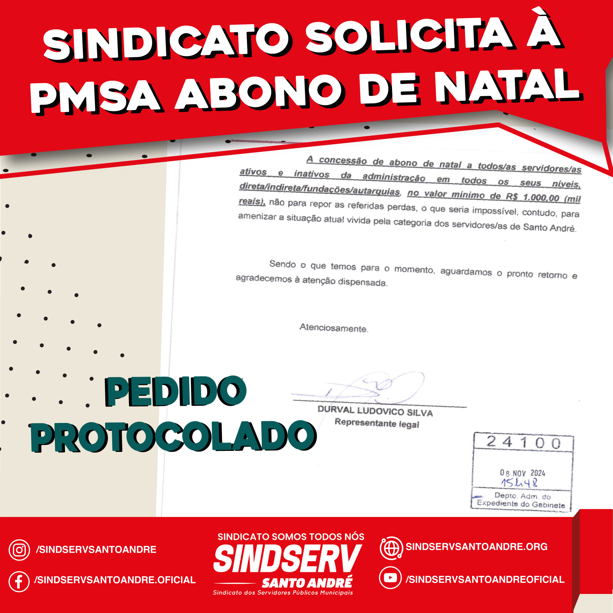 Imagem de Sindserv protocola na PMSA Abono de Natal para servidores da ativa e aposentados