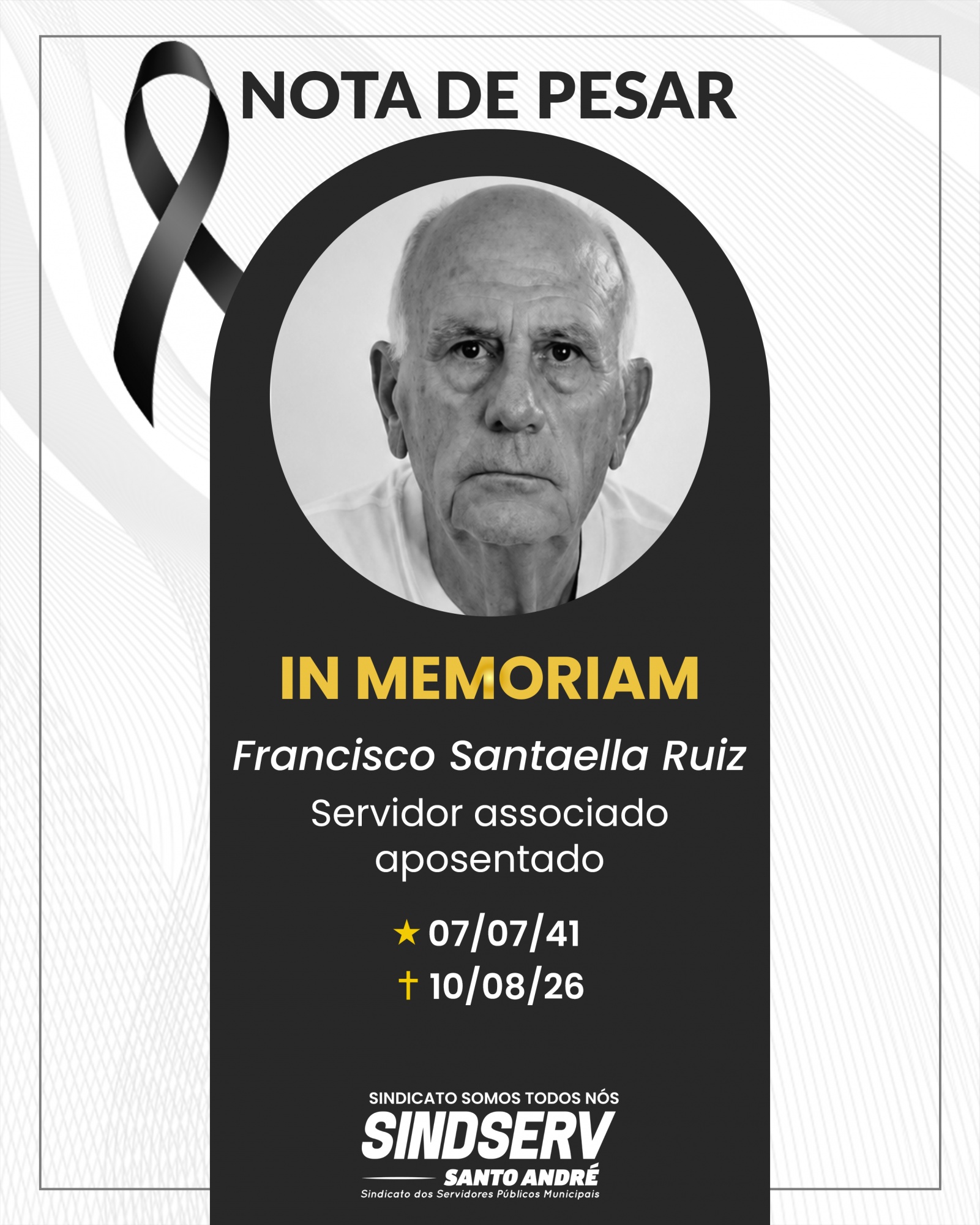 Imagem de Sindserv Santo André lamenta falecimento do servidor associado Francisco Santaella Ruiz