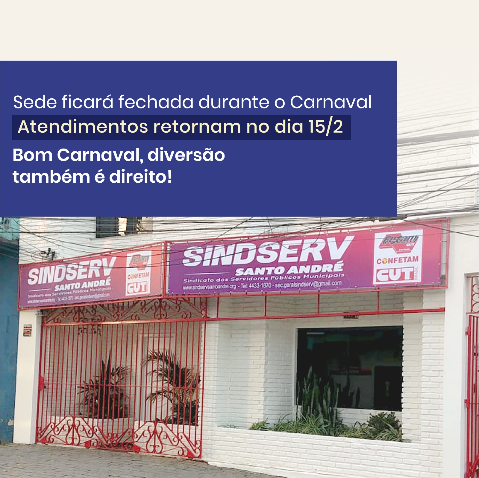 Imagem de Sede do Sindserv Santo André ficará fechada durante Carnaval